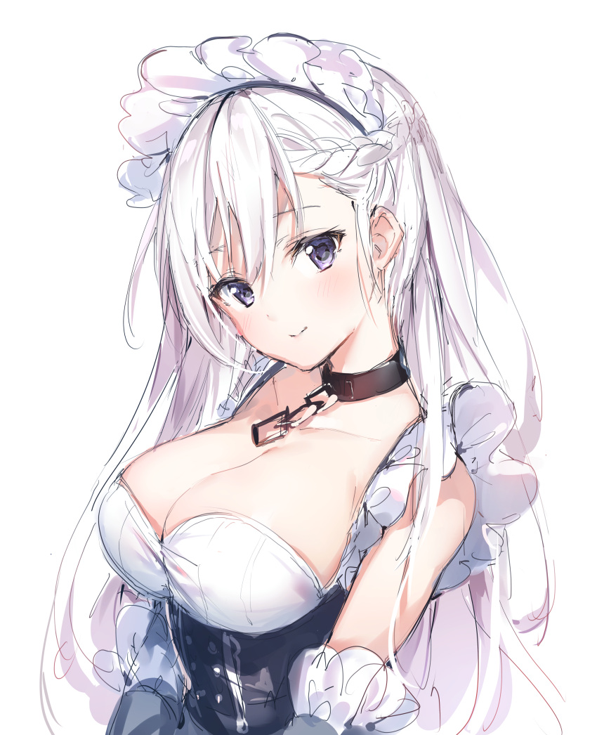 1girl absurdres azur_lane bangs belfast_(azur_lane) blush braid breasts cleavage closed_mouth eyebrows_visible_through_hair frills hair_between_eyes highres large_breasts long_hair looking_at_viewer maid maid_headdress silver_hair simple_background smile solo tsurime umibouzu_(niito) upper_body violet_eyes white_background white_hair