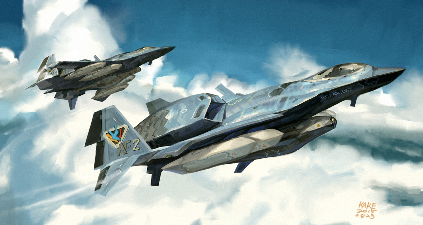aircraft airplane artist_name clouds condensation_trail fighter_jet flying jet military military_vehicle original science_fiction tommy830219