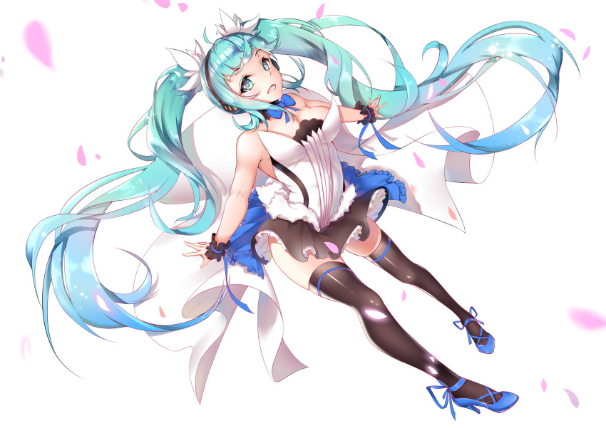 1girl :d absurdres ankle_lace-up aqua_eyes aqua_hair black_legwear black_skirt blue_footwear blue_ribbon breasts cleavage commentary_request cross-laced_footwear gradient_hair hair_ornament hatsune_miku headphones high_heels highres long_hair looking_at_viewer medium_breasts multicolored_hair open_mouth petals pleated_skirt ribbon shirt simple_background skirt smile solo strapless thigh-highs twintails very_long_hair vocaloid white_background white_shirt wrist_cuffs yiyu_qing_mang