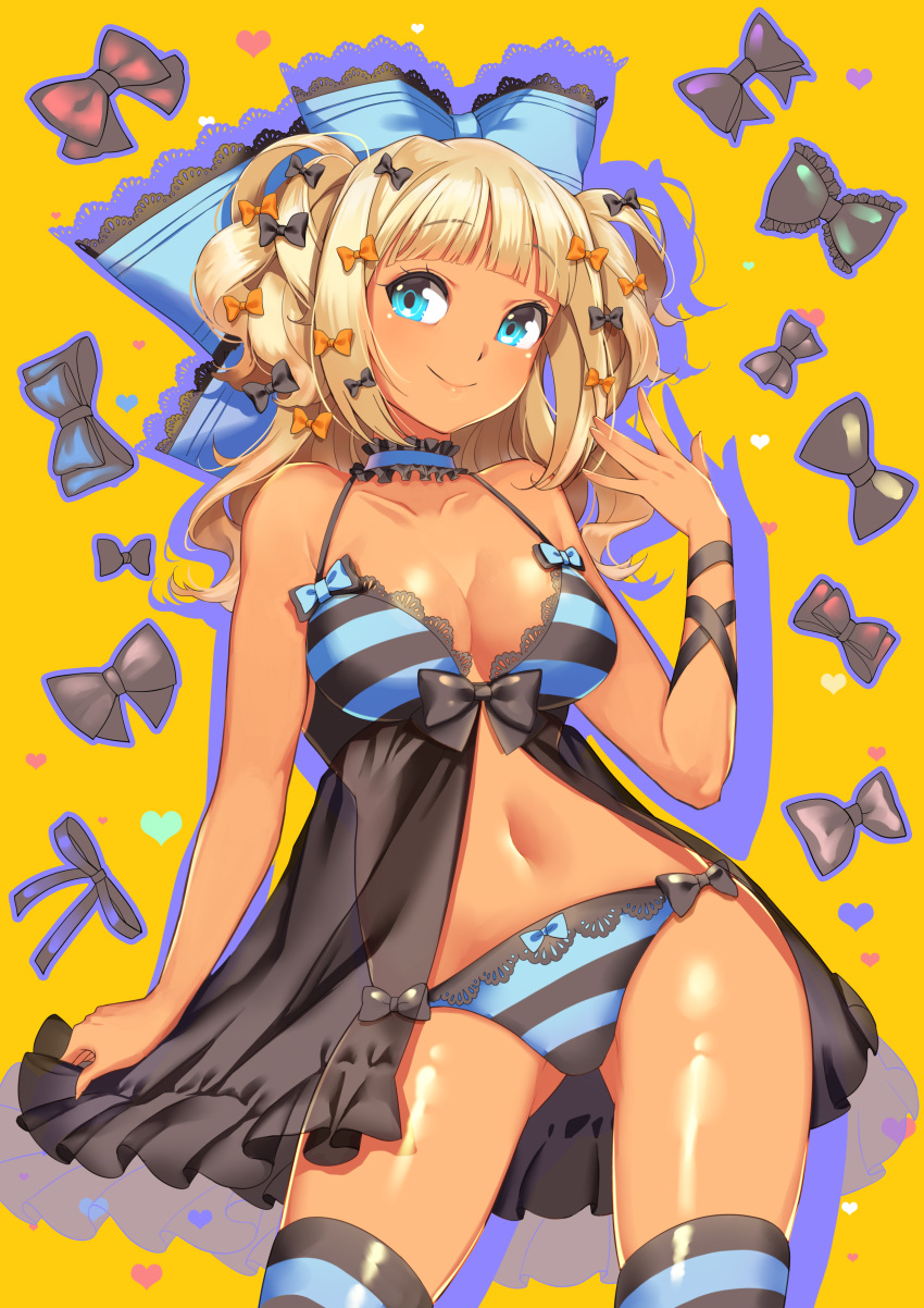 1girl 72producer \||/ absurdres arm_ribbon ass_visible_through_thighs babydoll babydoll_lift bangs bare_shoulders black_babydoll black_bow black_panties black_ribbon blue_bow blue_choker blue_eyes blunt_bangs bow bow_babydoll bow_panties breasts choker cleavage closed_mouth collarbone commentary contrapposto cowboy_shot curly_hair dark_skin drop_shadow eyebrows_visible_through_hair eyelashes frilled_babydoll frilled_choker frills hair_bow hand_up heart heart_background highres horizontal-striped_legwear horizontal-striped_panties horizontal_stripes huge_bow lace lace-trimmed_bow lace-trimmed_panties lips long_hair looking_at_viewer lowleg lowleg_panties medium_breasts navel orange_background orange_bow original panties raised_eyebrows ribbon see-through see-through_silhouette shiny shiny_hair shiny_skin simple_background smile solo standing stomach striped striped_legwear striped_panties thigh-highs too_many_bows two_side_up underwear