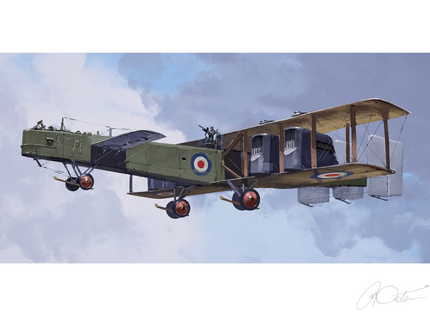 3boys aircraft airplane artist_name biplane bomber clouds flying gun highres letterboxed machine_gun military military_vehicle multiple_boys original peter_(peter6409) roundel sky tagme weapon world_war_i