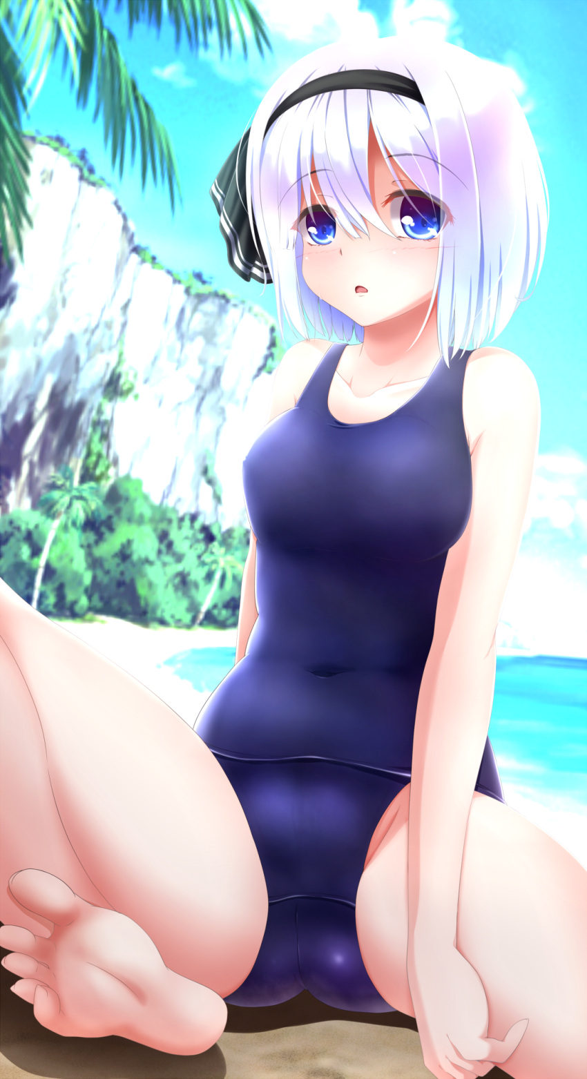 1girl ass bangs barefoot beach black_hairband blue_eyes blue_swimsuit blunt_bangs blurry bob_cut covered_navel depth_of_field evandragon eyebrows_visible_through_hair hairband highres konpaku_youmu looking_at_viewer one-piece_swimsuit shore short_hair silver_hair solo spread_legs swimsuit touhou