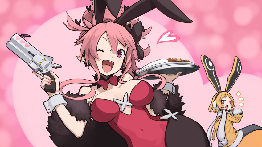 2girls animal_ears bunnysuit curry disgaea earmuffs food gun handgun heart highres makai_senki_disgaea_5 multiple_girls one_eye_closed open_mouth pink_hair rabbit_ears scarf seraphina_(disgaea) usalia_(disgaea) weapon yoshikosu