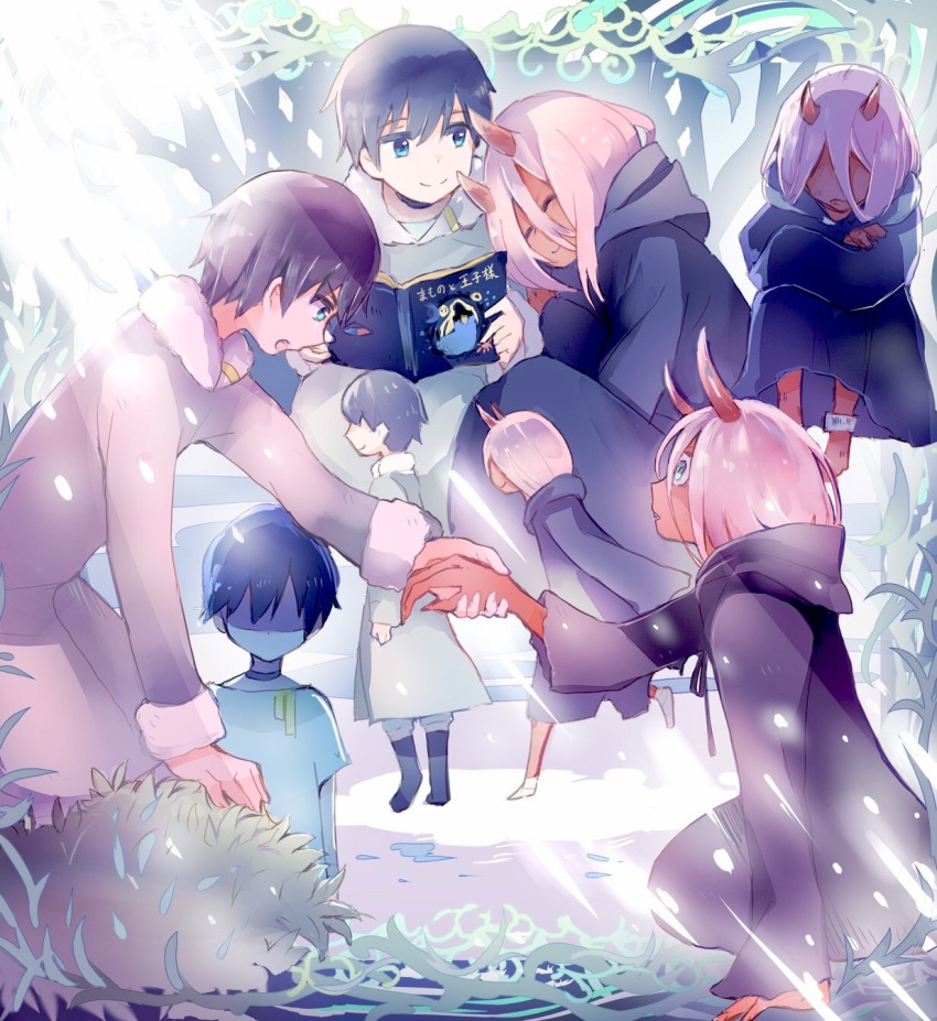 1boy 1girl bandage black_hair blue_eyes book closed_eyes coat couple darling_in_the_franxx green_eyes grey_coat hand_holding highres hiro_(darling_in_the_franxx) holding holding_book horns long_hair oni_horns parka pink_hair rainoa red_sclera red_skin short_hair spoilers winter_clothes winter_coat zero_two_(darling_in_the_franxx)