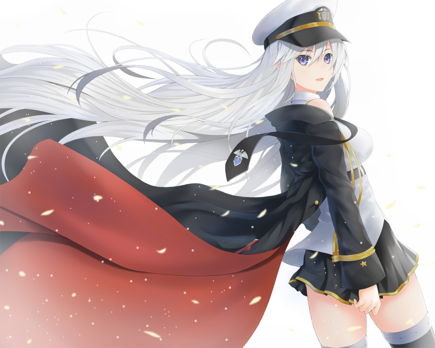 1girl arms_at_sides azur_lane bangs bare_shoulders black_neckwear blush breasts cuff_links enterprise_(azur_lane) eyebrows_visible_through_hair floating_hair from_side hair_between_eyes hajikaji hat large_breasts light_particles long_hair looking_at_viewer military_hat miniskirt necktie open_mouth peaked_cap shirt sidelocks silver_hair skindentation skirt sleeveless sleeveless_shirt smile solo thigh-highs thighs very_long_hair violet_eyes white_background white_hat wind wind_lift