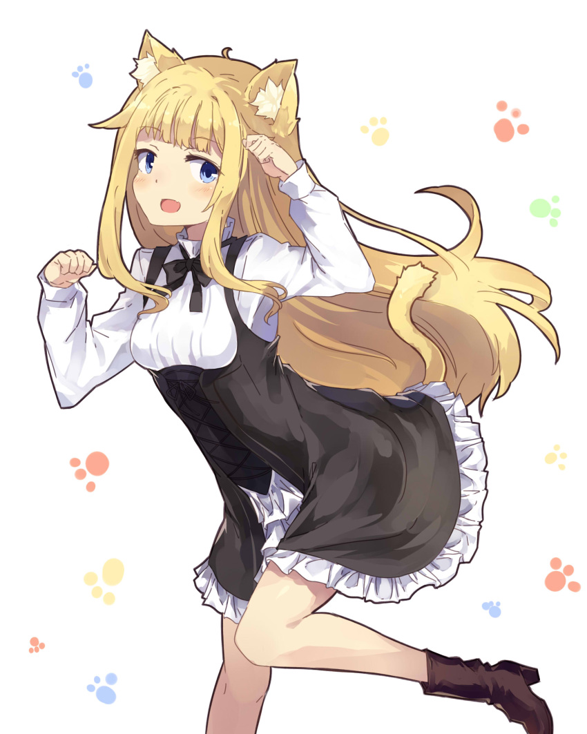 1girl absurdres animal_ears bangs blonde_hair blue_eyes blush cat_ears cat_tail dress highres long_hair looking_at_viewer normaland open_mouth paw_pose princess_(princess_principal) princess_principal school_uniform smile solo tail