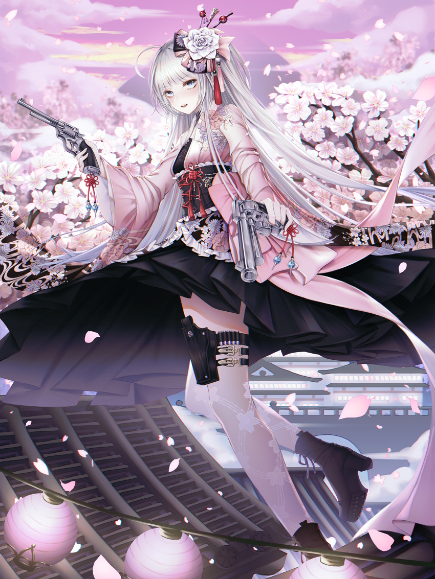 1girl ahoge architecture black_footwear black_skirt boots cecil86 cherry_blossoms clouds day east_asian_architecture floating_hair flower full_body grey_eyes gun hair_flower hair_ornament high_heel_boots high_heels highres holding holding_gun holding_weapon holster japanese_clothes kimono long_hair looking_at_viewer obi one_leg_raised open_mouth original outdoors pink_flower pink_kimono pleated_skirt sash silver_hair skirt sky solo standing standing_on_one_leg thigh-highs thigh_holster very_long_hair weapon white_flower white_legwear