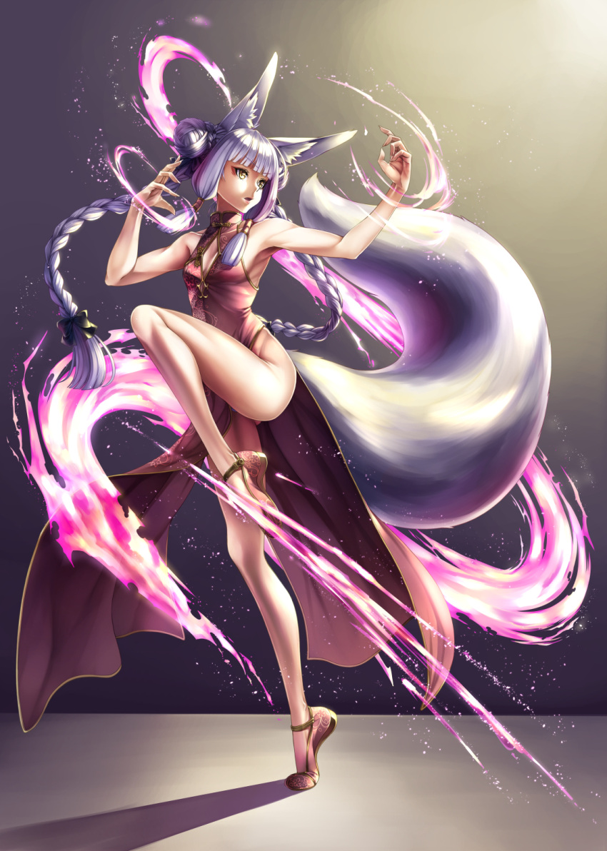 1girl animal_ears braid breasts china_dress chinese_clothes cleavage cleavage_cutout double_bun dress eyebrows_visible_through_hair fighting_stance fox_ears fox_tail gradient gradient_background hair_tubes highres kazuki_seihou leg_up long_hair looking_to_the_side open_mouth original pelvic_curtain side_slit silver_hair simple_background sleeveless small_breasts solo standing standing_on_one_leg tail twin_braids twintails yellow_eyes