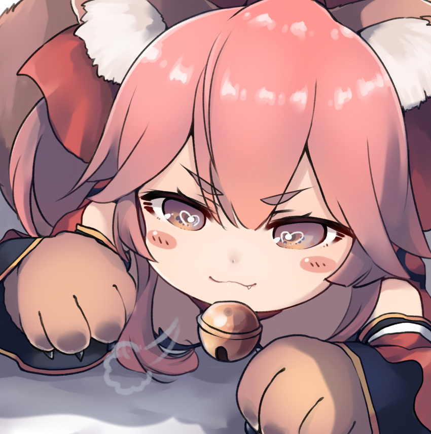 1girl :3 absurdres animal_ears bangs bare_shoulders bell blush_stickers bow brown_eyes chibi closed_mouth commentary_request detached_sleeves dyson_(edaokunnsaikouya) eyebrows_visible_through_hair fang fang_out fate/grand_order fate_(series) fox_ears fox_tail gloves hair_between_eyes hair_bow heart heart-shaped_pupils highres jingle_bell long_hair long_sleeves looking_at_viewer lying on_stomach paw_gloves paws pink_hair red_bow solo symbol-shaped_pupils tail tamamo_(fate)_(all) tamamo_cat_(fate) v-shaped_eyebrows wide_sleeves