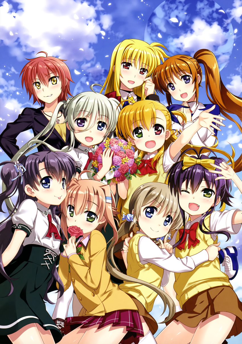 6+girls :d ;d absurdres ahoge antenna_hair bangs black_jacket black_skirt blonde_hair blue_eyes blue_ribbon blue_sky blunt_bangs blush bouquet bow bowtie brown_hair brown_skirt clouds collarbone corona_timir day einhart_stratos eyebrows_visible_through_hair fang fate_testarossa floating_hair flower fujima_takuya green_eyes grin hair_bow hair_ribbon head_tilt heterochromia high-waist_skirt highres holding holding_bouquet holding_flower index_finger_raised jacket jewelry long_hair lyrical_nanoha mahou_shoujo_lyrical_nanoha_vivid miniskirt miura_rinaldi multiple_girls necklace nove_(nanoha) numbers_(nanoha) official_art one_eye_closed open_mouth outdoors pleated_skirt purple_flower purple_hair purple_rose red_bow red_eyes red_flower red_neckwear red_rose red_skirt redhead ribbon rio_wezley rose school_uniform shiny shiny_hair shirt short_hair short_sleeves side_ponytail sidelocks silver_hair skirt sky smile takamachi_nanoha twintails two_side_up very_long_hair vest violet_eyes vivio w white_ribbon white_shirt yellow_blazer yellow_bow yellow_flower yellow_shirt yellow_vest yumina_enclave yuri