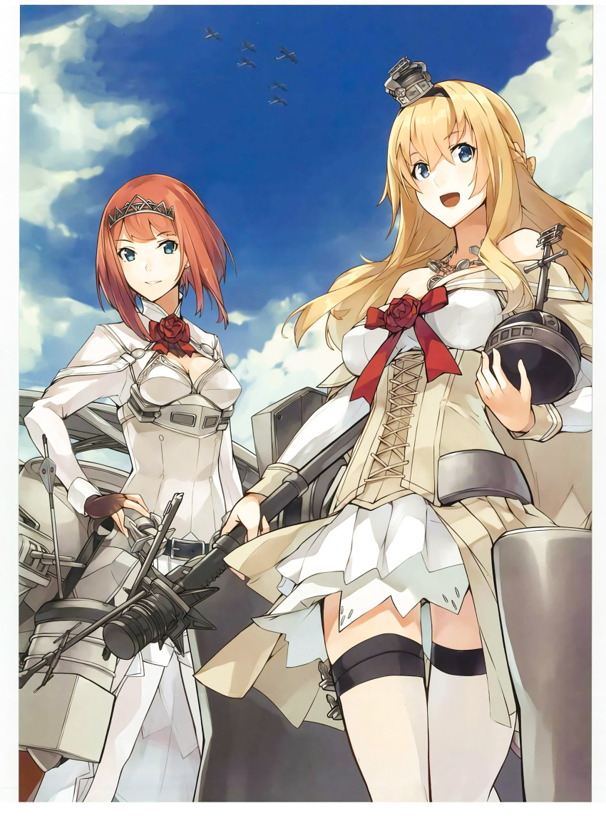 2girls :d ark_royal_(kantai_collection) arrow bangs blonde_hair blue_eyes blunt_bangs bob_cut bow_(weapon) braid brown_gloves cleavage_cutout corset crown dress fingerless_gloves flower french_braid garter_straps globus_cruciger gloves hair_between_eyes hairband hat highres jewelry kantai_collection konishi_(koconatu) long_hair long_sleeves machinery mini_crown multiple_girls necklace off-shoulder_dress off_shoulder official_art open_mouth overskirt pantyhose peaked_cap red_flower red_ribbon red_rose redhead ribbon rose scan scepter short_hair shorts smile thigh-highs throne tiara tsurime turret warspite_(kantai_collection) weapon white_corset white_dress white_legwear white_shorts