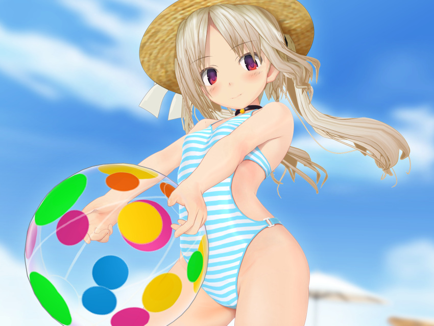 1girl 3d 3d_custom_girl ball beachball bell bell_collar blonde_hair blush collar hat highres long_hair looking_at_viewer original outdoors red_eyes sky smile solo straw_hat swimsuit taii_(tng1014) twintails