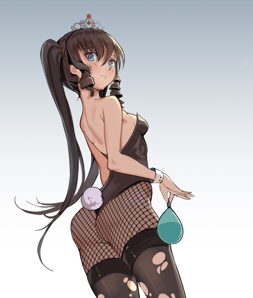 1girl absurdres ass backless_outfit bangs bare_back bare_shoulders black_legwear black_leotard blue_eyes breasts brown_hair bunny_tail bunnysuit commentary_request drill_hair fake_tail fishnet_legwear fishnet_pantyhose fishnets hair_between_eyes highleg highleg_leotard highres holding korean_commentary leotard lily_bloomerchen long_hair m_chant medium_breasts pantyhose sideboob sidelocks solo soul_worker standing strapless strapless_leotard tail thigh-highs thong thong_leotard tiara tied_hair torn_clothes torn_thighhighs twintails wrist_cuffs