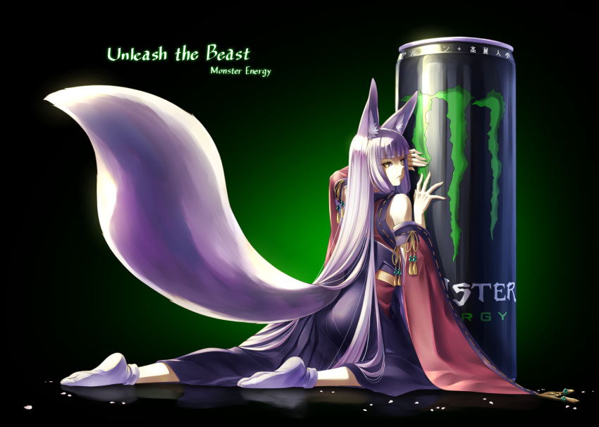 1girl animal_ears closed_mouth detached_sleeves energy_drink fox_ears fox_tail highres japanese_clothes kazuki_seihou kimono kneeling long_hair looking_at_viewer looking_back monster_energy original silver_hair solo tabi tail yellow_eyes