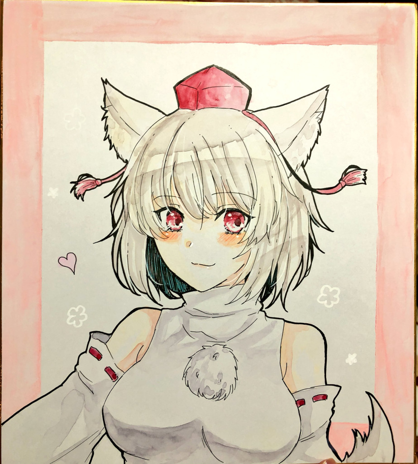 1girl animal_ears bangs bare_shoulders blush closed_mouth commentary detached_sleeves eyebrows_visible_through_hair hat heart highres inubashiri_momiji looking_at_viewer photo pom_pom_(clothes) red_eyes shirt short_hair sleeveless sleeveless_shirt smile solo tanaji tokin_hat touhou traditional_media white_hair white_shirt wolf_ears