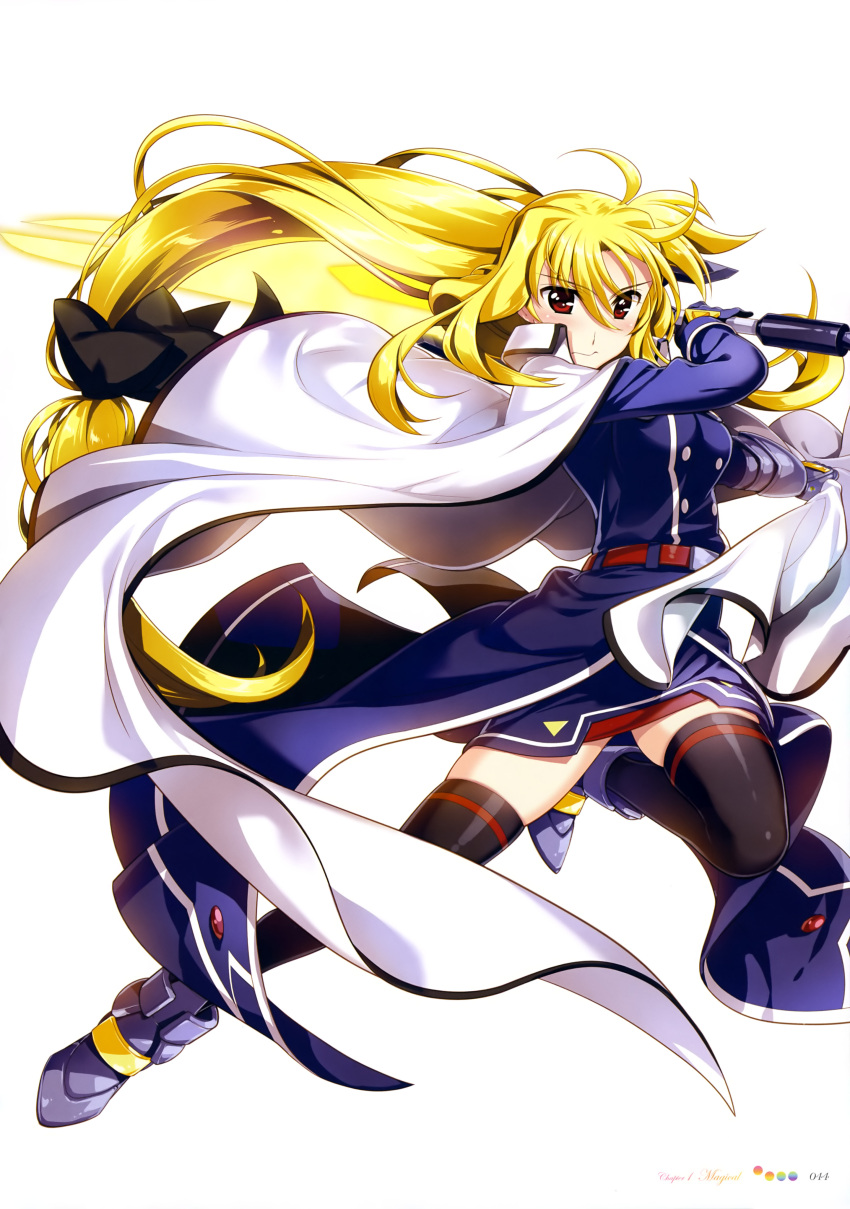 1girl absurdres belt black_bow black_legwear blonde_hair blue_dress bow cape dress eyebrows_visible_through_hair fate_testarossa floating_hair fujima_takuya full_body hair_between_eyes hair_bow highres holding holding_weapon long_hair looking_at_viewer low-tied_long_hair lyrical_nanoha mahou_shoujo_lyrical_nanoha_strikers official_art page_number red_eyes shiny shiny_clothes short_dress simple_background solo thigh-highs very_long_hair weapon white_background white_cape
