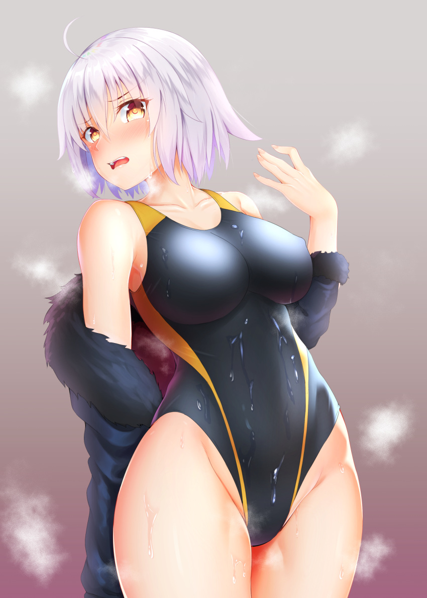 1girl ahoge bangs black_swimsuit blush breasts closed_eyes coat collarbone commentary_request competition_swimsuit covered_nipples fate/grand_order fate_(series) fur-trimmed_coat fur_trim gradient gradient_background hand_up head_tilt highleg highleg_swimsuit highres jeanne_d'arc_(alter)_(fate) jeanne_d'arc_(fate)_(all) large_breasts legs_together off_shoulder one-piece_swimsuit open_mouth shiny shiny_hair short_hair silver_hair solo standing swimsuit swimsuit_under_clothes upper_teeth wet wet_clothes wet_swimsuit yellow_eyes zuizhong