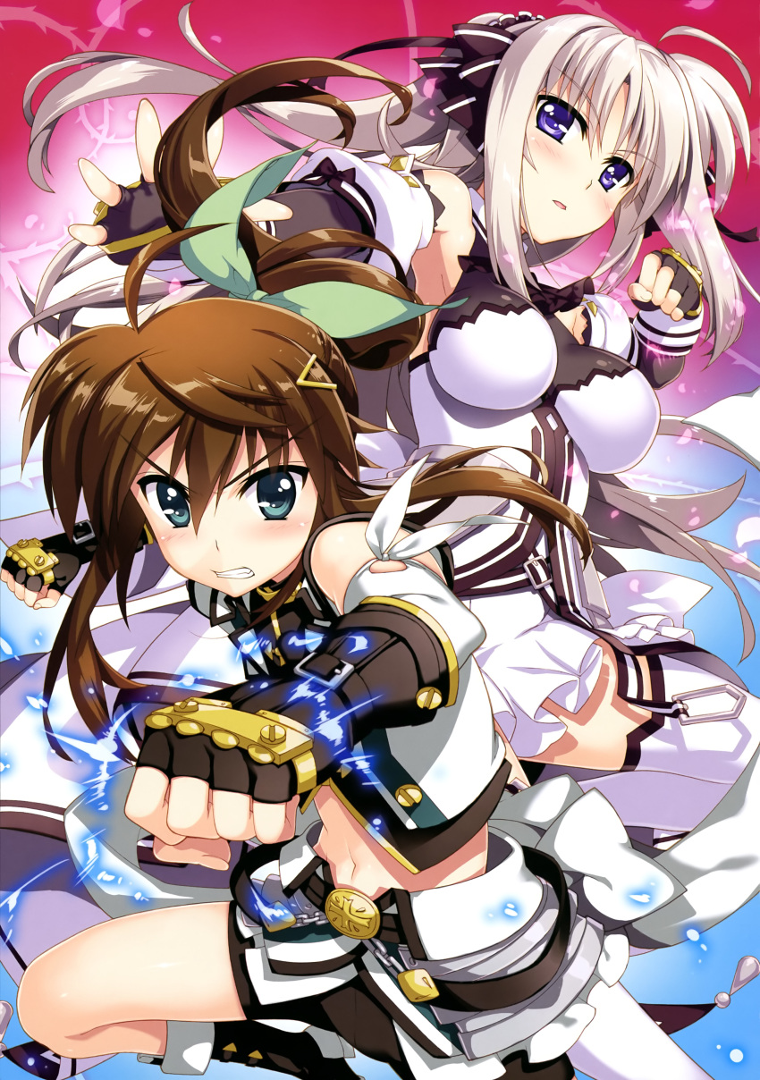 2girls absurdres bangs black_footwear black_gloves black_shorts blue_eyes boots bow breasts breasts_apart brown_hair clenched_hand clenched_teeth crop_top detached_sleeves eyebrows_visible_through_hair fingerless_gloves floating_hair fujima_takuya fuuka_reventon gloves green_bow hair_between_eyes hair_bow highres long_hair looking_at_viewer lyrical_nanoha medium_breasts midriff miniskirt multiple_girls navel open_mouth outstretched_arm pleated_skirt ponytail rinne_berlinetta short_shorts shorts silver_hair skirt stomach teeth thigh-highs very_long_hair vivid_strike! white_legwear white_skirt
