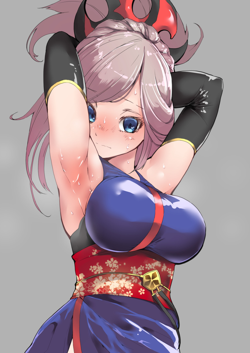 1girl armpits arms_behind_head arms_up bangs blue_eyes blue_kimono blush breasts closed_mouth detached_sleeves eyebrows_visible_through_hair fate/grand_order fate_(series) floral_print frown highres japanese_clothes kimono kobo_(cobo_0609) large_breasts long_hair looking_at_viewer miyamoto_musashi_(fate/grand_order) nose_blush obi ponytail sash solo sweat swept_bangs underbust upper_body