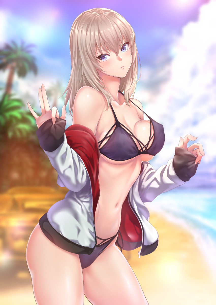 1girl absurdres bangs beach bikini bikini_under_clothes black_bikini blue_eyes blue_sky blurry blurry_background bokeh breasts cleavage closed_mouth clouds cloudy_sky collarbone contrapposto covered_nipples cowboy_shot day depth_of_field enty_reward eyebrows_visible_through_hair frown girls_und_panzer groin halter_top halterneck hands_up highres itsumi_erika jacket long_hair long_sleeves looking_at_viewer medium_breasts multi-strapped_bikini navel ocean off_shoulder open_clothes open_jacket outdoors paid_reward palm_tree purple_bikini sand shiny shiny_hair shiny_skin sky sleeves_past_wrists solo standing strap_gap swimsuit tree under_boob water white_jacket zucchini
