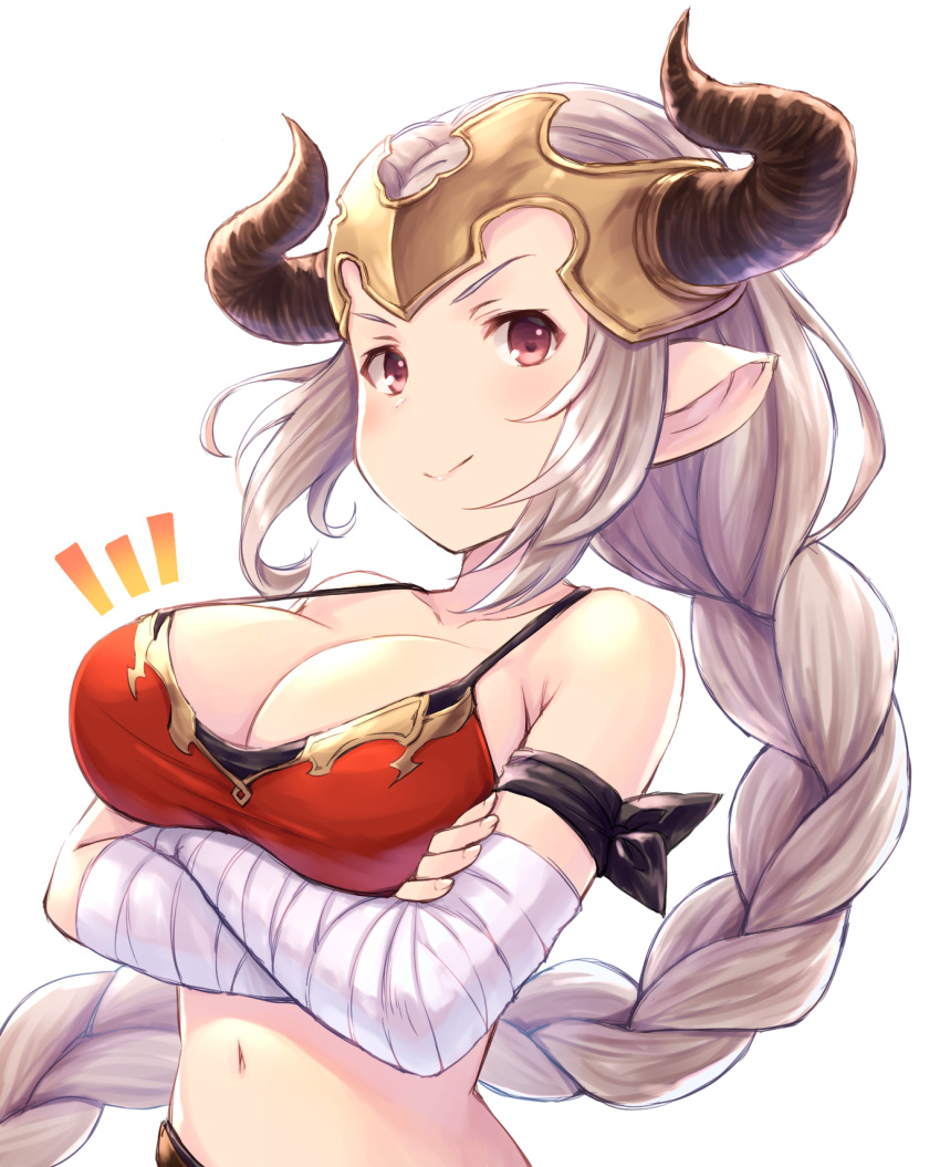 1girl aliza_(granblue_fantasy) arm_wrap armband bare_shoulders blush braid breasts cleavage collarbone crossed_arms draph granblue_fantasy hair_pulled_back headpiece highres horns large_breasts long_hair looking_at_viewer navel pointy_ears ponytail red_eyes silver_hair simple_background smile solo strap_gap tomo_(user_hes4085) upper_body waist white_background