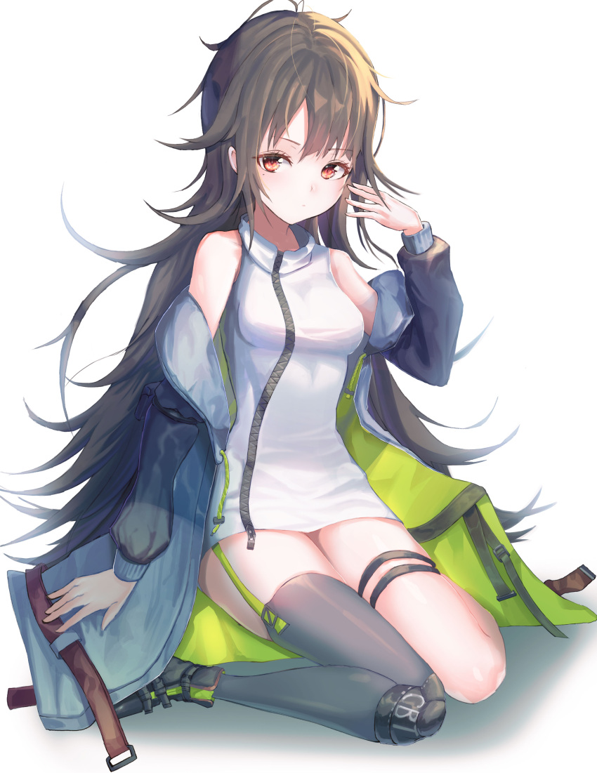 1girl absurdres ahoge arm_at_side arm_strap bangs belt_boots between_legs black_hair black_legwear blush boots c-ms_(girls_frontline) closed_mouth coat dress expressionless eyebrows_visible_through_hair girls_frontline green_legwear hand_up head_tilt highres long_hair looking_at_viewer messy_hair microdress mole mole_under_eye multicolored_coat multiple_belts off_shoulder open_clothes open_coat red_eyes sidelocks simple_background single_knee_pad single_thighhigh sitting solo strap thigh-highs thigh_strap tmtl_aos wariza white_background white_dress zipper