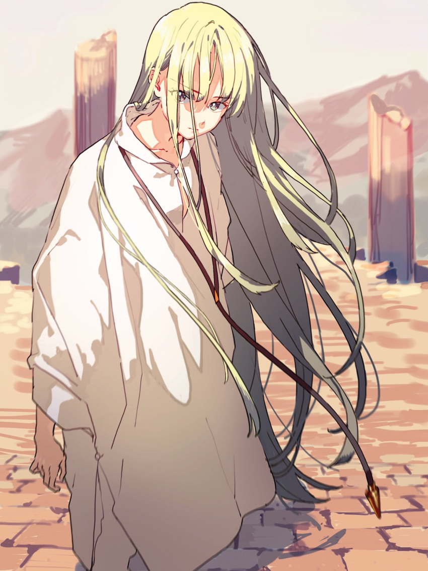 1other androgynous closed_mouth day enkidu_(fate/strange_fake) eyebrows_visible_through_hair eyes_visible_through_hair fate/strange_fake fate_(series) green_hair highres jewelry long_hair long_sleeves looking_at_viewer necklace outdoors pillar robe ruins sonomura standing wide_sleeves
