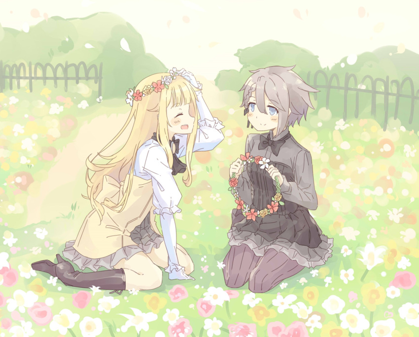 2girls ange_(princess_principal) blonde_hair blue_eyes blush braid flower grey_hair head_wreath highres long_hair looking_at_viewer multiple_girls normaland princess_(princess_principal) princess_principal short_hair smile