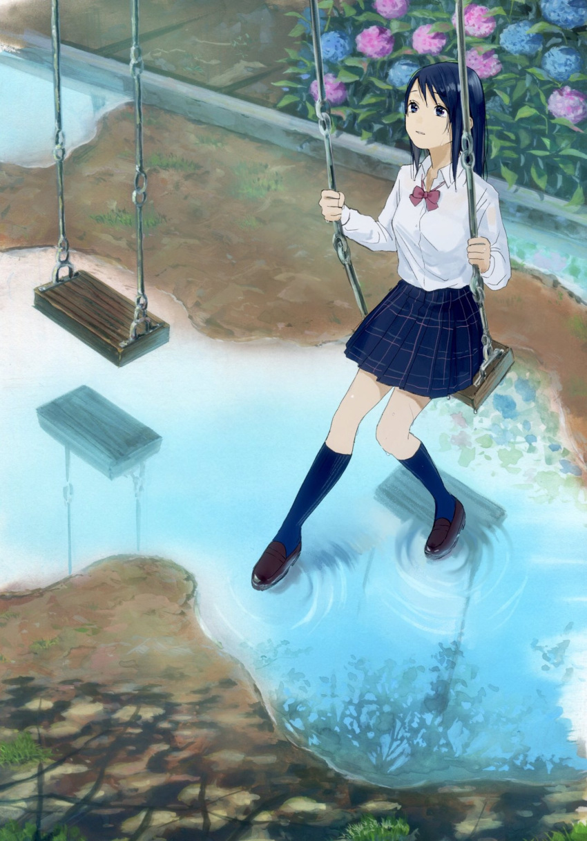 1girl blue_eyes blue_hair blue_legwear blue_sky bow bowtie brown_footwear collared_shirt commentary_request flower flower_request highres long_sleeves medium_hair original outdoors parted_lips puddle red_neckwear reflection ripples sako_(user_ndpz5754) school_uniform shallow_water shirt shoes sitting sky socks solo swing white_shirt wing_collar