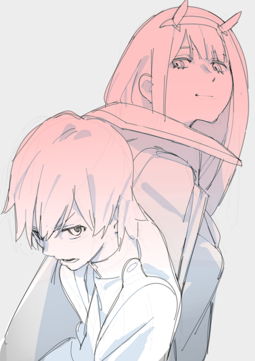 1boy 1girl absurdres coat couple darling_in_the_franxx highres hiro_(darling_in_the_franxx) horns long_hair military military_uniform monochrome oni_horns onioohashi open_clothes open_coat short_hair uniform zero_two_(darling_in_the_franxx)