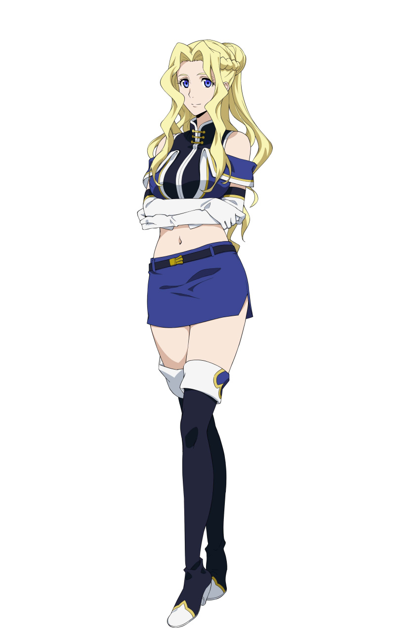 1girl absurdres belt black_footwear blonde_hair blue blue_skirt boots crop_top crossed_arms elbow_gloves eyes full_body gloves grancrest_senki highres long_hair looking_at_viewer miniskirt navel pencil_skirt simple_background skirt smile solo standing stomach thigh-highs thigh_boots white_background white_gloves