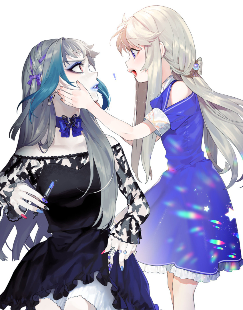 ! 2girls :d bare_shoulders black_dress blue_choker blue_dress blue_lipstick blue_nails blue_neckwear blush bow bowtie choker dress eye_contact eyeshadow fingernails green_hair grey_hair hair_bow herme highres jewelry lipstick long_hair long_sleeves looking_at_another makeup multicolored multicolored_hair multicolored_nail_polish multiple_girls nail_polish ohisashiburi open_mouth original pale_skin parted_lips profile purple_bow purple_nails red_eyes red_nails ring short_sleeves shoulder_cutout smile standing streaked_hair violet_eyes wide-eyed