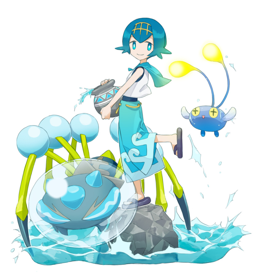 +_+ 1girl araquanid blue_eyes blue_hair carrying chinchou highres kouri_(kyorosuukeeeeeee) looking_at_viewer looking_to_the_side pokemon pokemon_(game) pokemon_sm pot rock sailor_collar sandals shirt short_hair simple_background sleeveless sleeveless_shirt smile splashing standing standing_on_one_leg suiren_(pokemon) swimsuit swimsuit_under_clothes water white_background