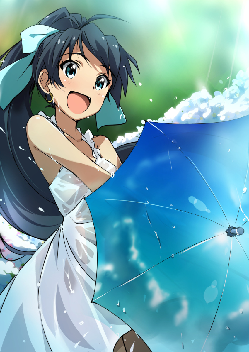 1girl :d absurdres bangs black_hair blue_eyes blue_umbrella bow collarbone day dress earrings fang floating_hair ganaha_hibiki hair_bow highres holding holding_umbrella idolmaster jewelry long_hair open_mouth outdoors shiny shiny_hair sleeveless sleeveless_dress smile solo sparkle standing sundress swept_bangs tokiani umbrella very_long_hair wet wet_clothes wet_dress white_bow white_dress