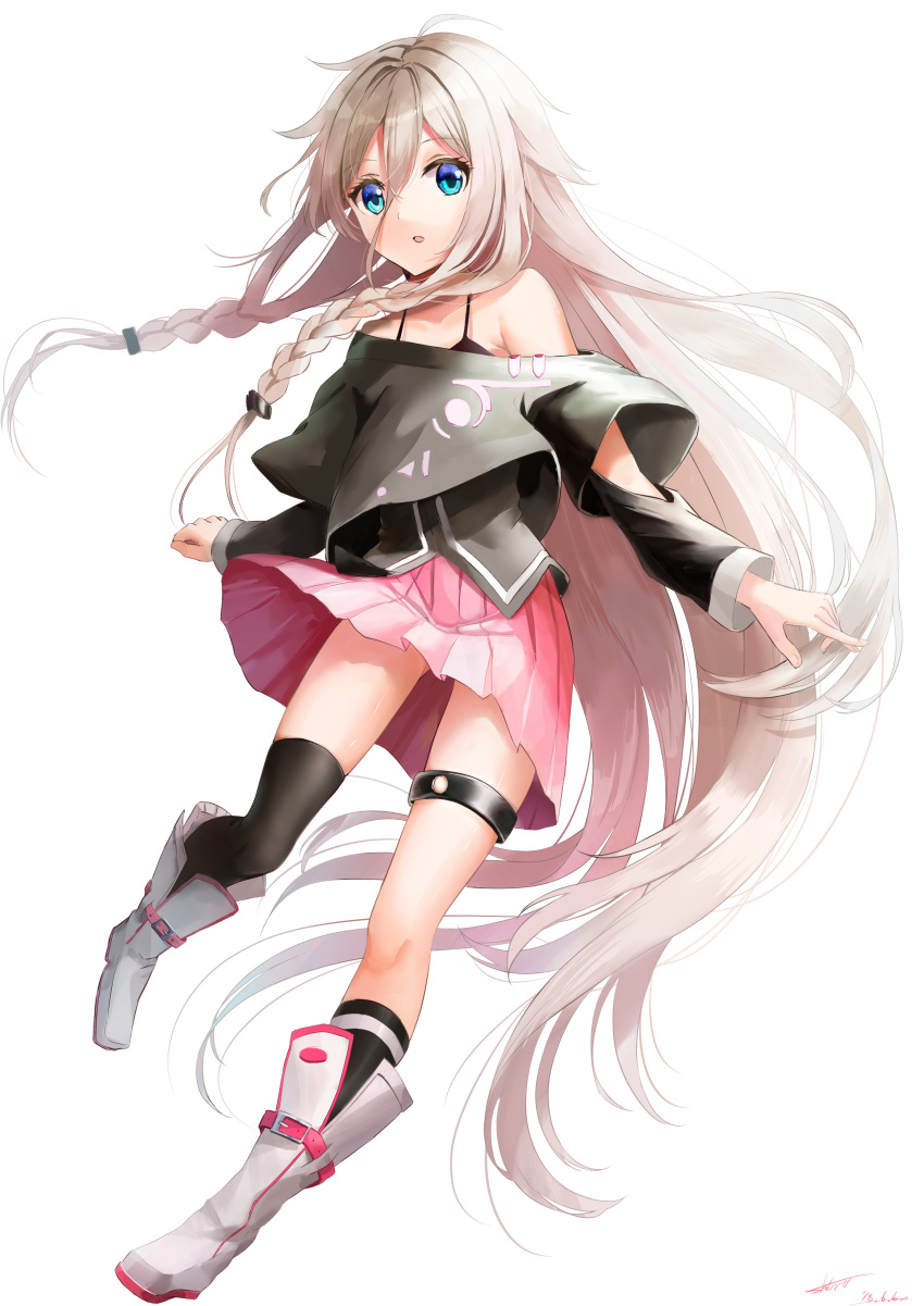 1girl absurdly_long_hair absurdres asymmetrical_legwear bangs black_bra black_legwear blue_eyes boots bra braid collarbone eyebrows_visible_through_hair floating_hair full_body hair_between_eyes hair_ornament highres ia_(vocaloid) kneehighs long_hair looking_at_viewer miniskirt open_mouth pink_skirt pleated_skirt shi-ro silver_hair simple_background skirt solo thigh-highs thigh_strap twin_braids underwear very_long_hair vocaloid white_background white_footwear