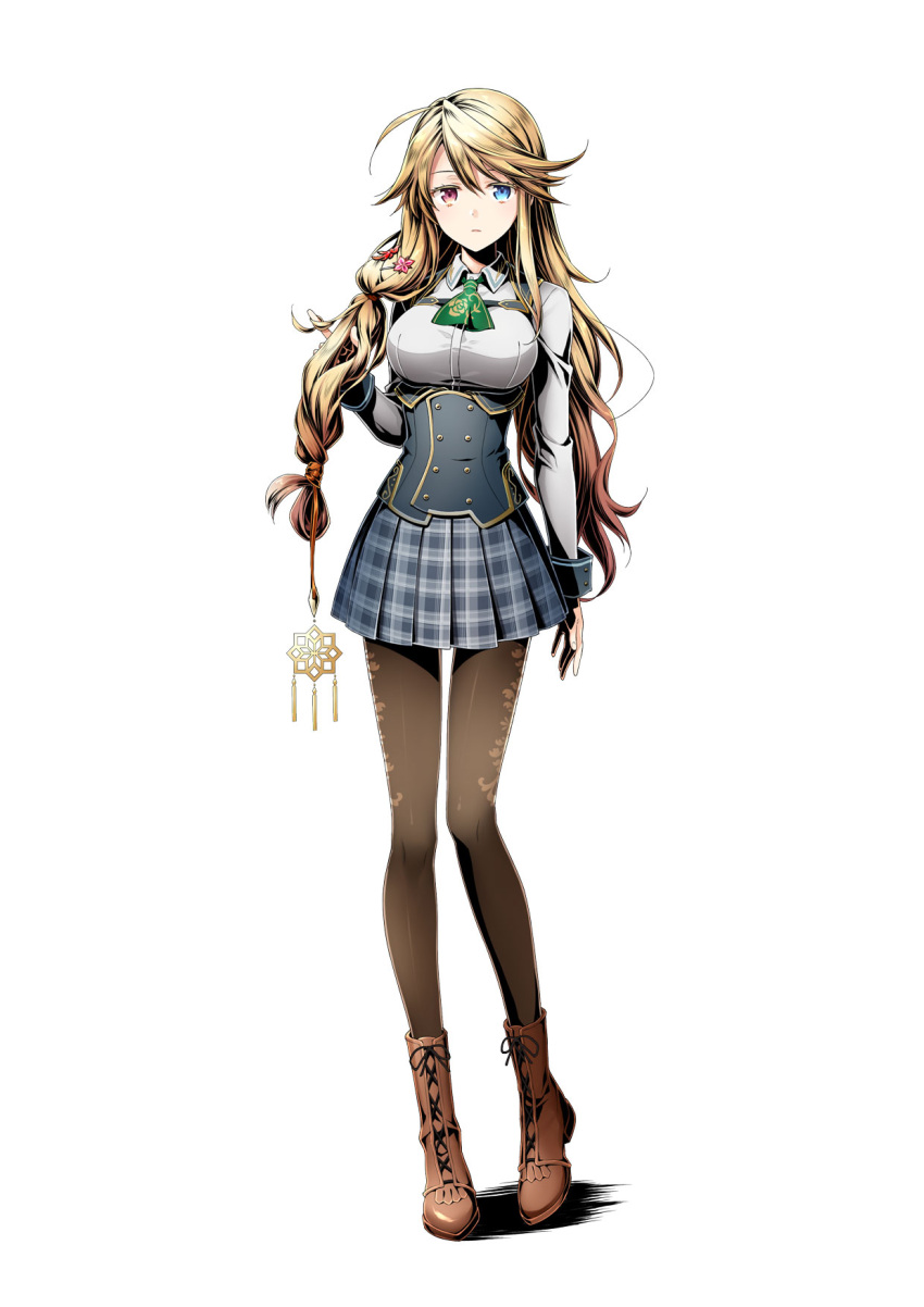 1girl ascot blonde_hair blue_eyes boots braid breasts brown_footwear brown_legwear corset divine_gate full_body green_neckwear grey_skirt heterochromia highres long_hair looking_at_viewer medium_breasts miniskirt pantyhose pleated_skirt red_eyes shirt simple_background skirt solo standing twintails ucmm very_long_hair white_background white_shirt