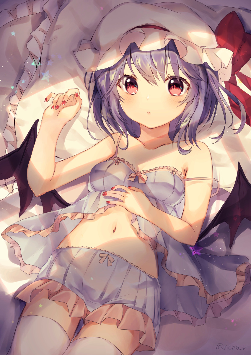 1girl absurdres bare_arms bare_shoulders bat_wings black_wings fingernails hat hat_ribbon highres indoors lavender_hair looking_at_viewer lying mob_cap nail_polish nenobi_(nenorium) on_back pillow red_eyes red_nails red_ribbon remilia_scarlet ribbon solo strap_gap strap_slip thigh-highs touhou underwear underwear_only white_legwear wings