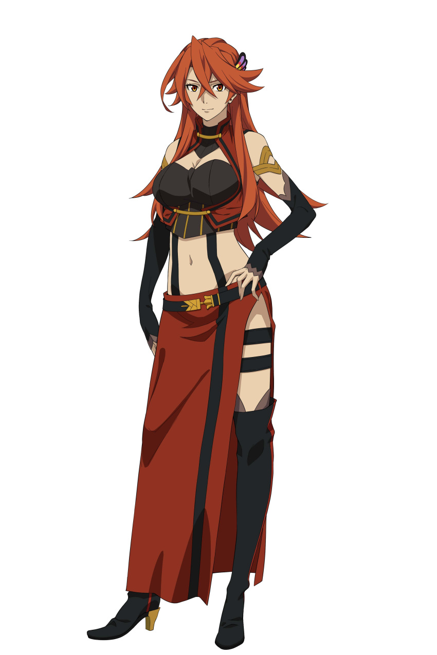 1girl absurdres armlet belt black_footwear boots breasts cleavage crop_top detached_sleeves full_body grancrest_senki hair_between_eyes hand_on_hip highres large_breasts long_hair long_skirt looking_at_viewer midriff navel orange_eyes orange_hair red_skirt simple_background skirt smile solo spiky_hair standing stomach thigh-highs thigh_boots thigh_strap white_background