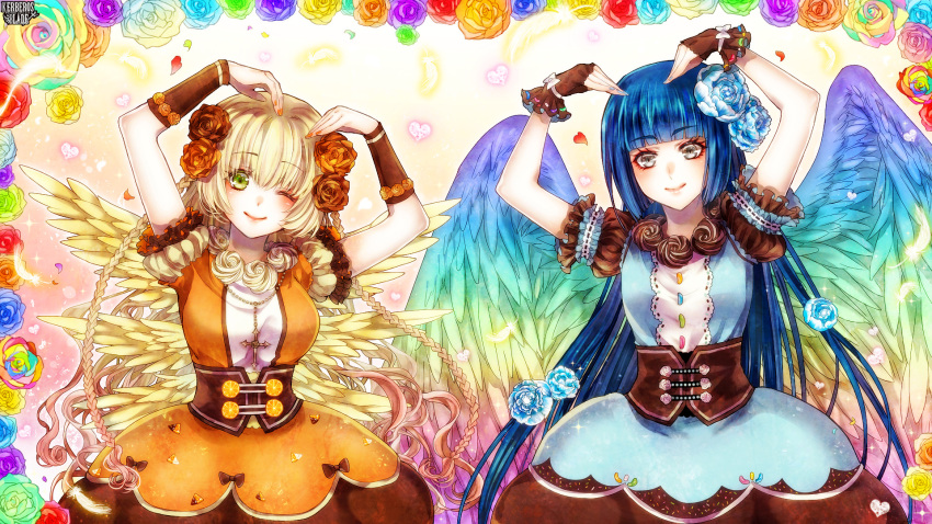 2girls ;) arms_up bangs blue_dress blue_hair blue_nails blue_wings blunt_bangs blush braid brown_gloves copyright_name cross cross_necklace dress eyebrows_visible_through_hair feathered_wings feathers fingerless_gloves floral_background flower gloves green_eyes grey_eyes hair_between_eyes hair_flower hair_ornament highres jewelry kerberos_blade long_hair multiple_girls nail_polish necklace official_art one_eye_closed orange_dress pink_nails short_sleeves smile standing twin_braids very_long_hair wings yellow_wings yukino_cm