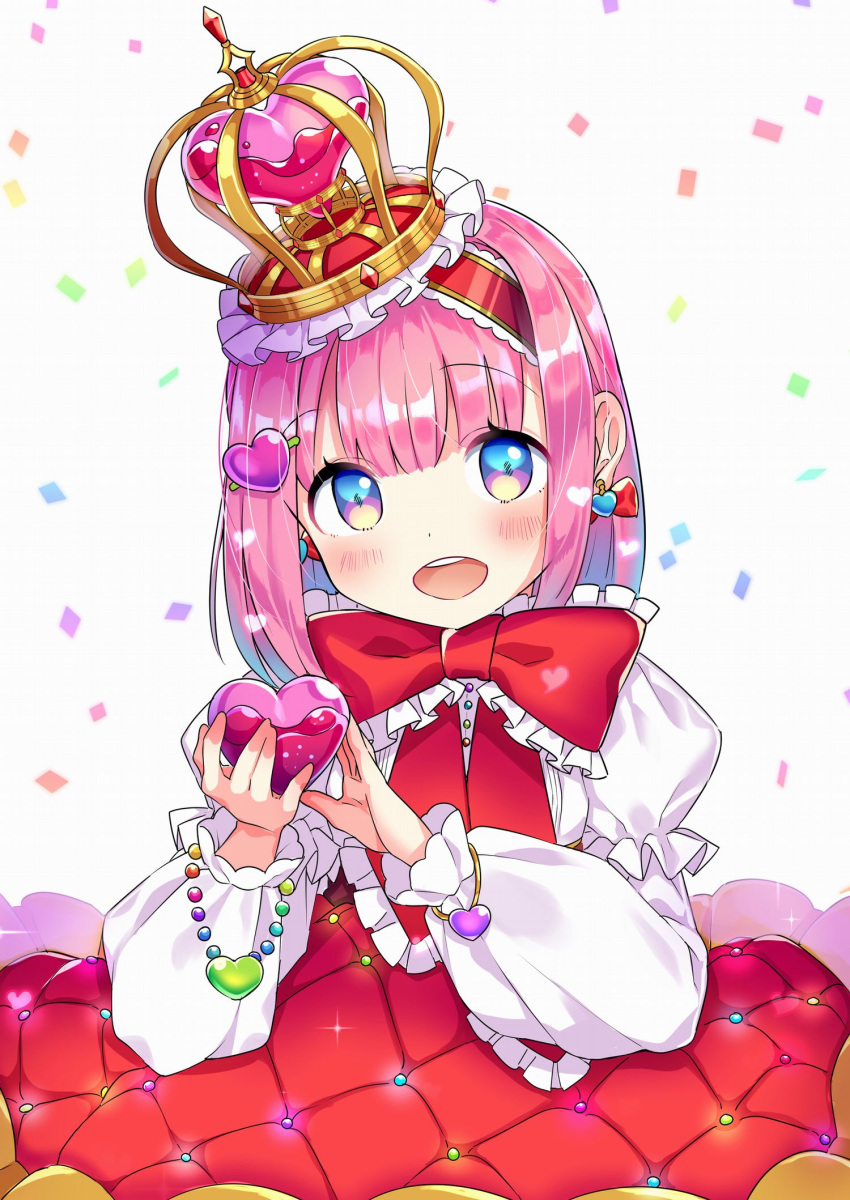 1girl :d bangs blue_eyes blush bow commentary_request crown earrings eyebrows_visible_through_hair hair_between_eyes hair_ornament hairband head_tilt heart heart_earrings heart_hair_ornament highres holding holding_heart jewelry long_sleeves looking_at_viewer mini_crown open_mouth original pink_hair puffy_long_sleeves puffy_short_sleeves puffy_sleeves red_bow red_hairband red_vest shirt short_over_long_sleeves short_sleeves smile solo suzuki_moeko upper_teeth vest white_background white_shirt