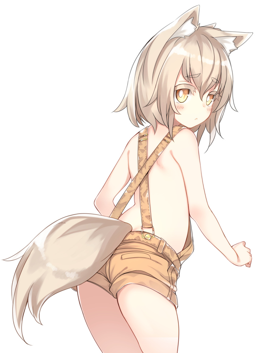 1girl animal_ears bare_shoulders blonde_hair blush fox_ears fox_girl fox_tail from_behind highres looking_at_viewer naked_overalls original overalls short_hair simple_background solo suspenders tail tsunekichi white_background yellow_eyes yoru_(tsunekichi)