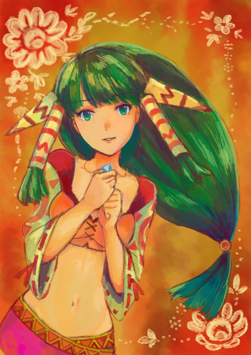 1girl faux_traditional_media feena_(grandia) frame grandia grandia_i green_eyes green_hair hair_ornament hair_tubes highres holding_necklace jewelry lio_(lune24) long_hair looking_at_another low-tied_long_hair midriff multicolored multicolored_background navel necklace orange_background parted_lips pendant solo wide_sleeves