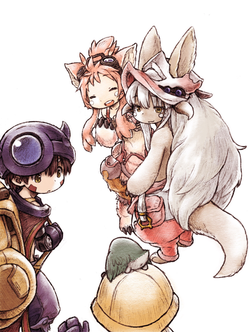 :3 agakunoda animal animal_ears blush_stickers brown_eyes brown_hair character_request claws closed_eyes facial_mark furry goggles goggles_on_head hat helmet highres looking_at_another made_in_abyss meinya_(made_in_abyss) nanachi_(made_in_abyss) on_head regu_(made_in_abyss) riko_(made_in_abyss) tail whiskers white_background yellow_eyes