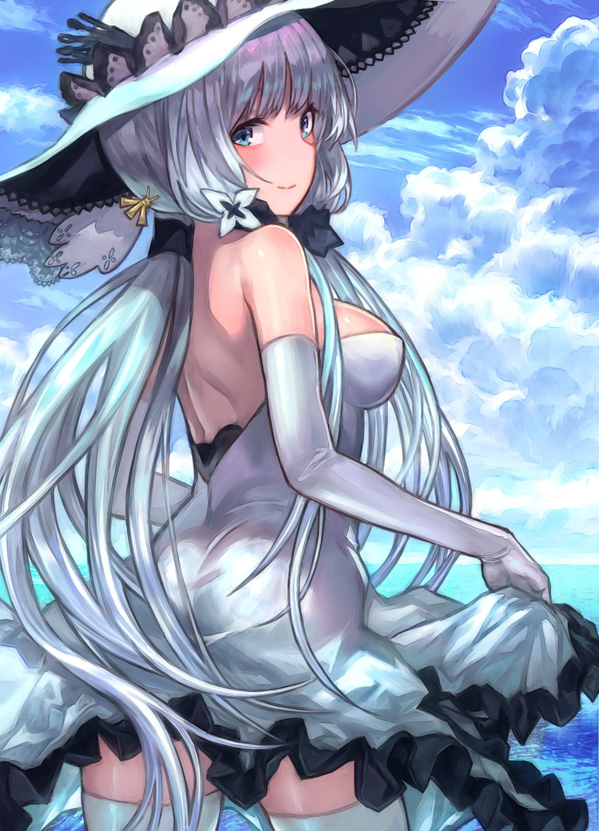 1girl ahoge armpits ass azur_lane bangs bare_shoulders blue_eyes blue_sky blush breasts closed_mouth clouds cowboy_shot denchu_(kazudentyu) dress elbow_gloves floating_hair from_behind gloves hair_ornament hair_ribbon hat head_tilt highres illustrious_(azur_lane) lace-trimmed_hat large_breasts long_hair looking_at_viewer looking_back low_twintails outdoors ribbon skirt_hold sky smile solo strapless strapless_dress sun_hat thigh-highs thighs tress_ribbon twintails water white_dress white_gloves white_hair white_hat