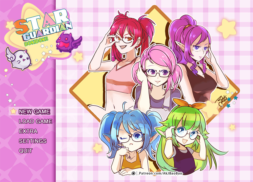 5girls :d ;( aa2233a adjusting_eyewear ahoge animal_ears bow bracelet breasts doki_doki_literature_club english fake_screenshot flat_chest glasses green_hair hand_up hands_up jewelry league_of_legends long_hair medium_breasts midriff multiple_girls navel open_mouth orange_bow overalls parody pencil pointy_ears ponytail purple_hair red_eyes redhead short_twintails smile star star_guardian_janna star_guardian_jinx star_guardian_lulu star_guardian_lux star_guardian_poppy title_screen twintails violet_eyes watermark web_address