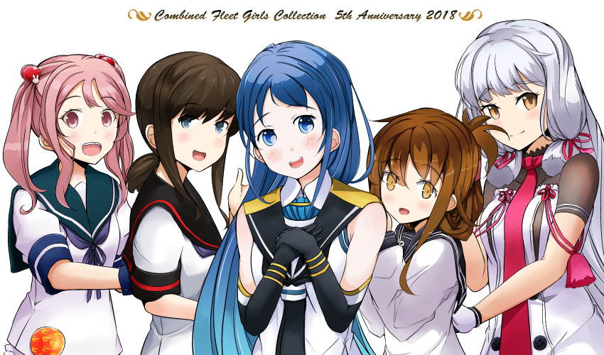 2018 5girls :d anniversary badge black_gloves black_hair blue_eyes blue_hair brown_eyes brown_hair dress elbow_gloves folded_ponytail fubuki_(kantai_collection) gloves hair_bobbles hair_ornament hair_ribbon hairclip hand_on_own_chest highres inazuma_(kantai_collection) jewelry kamezou_(kame-zo) kantai_collection long_hair looking_at_viewer low_ponytail multiple_girls murakumo_(kantai_collection) necktie open_mouth pink_eyes pink_hair puffy_short_sleeves puffy_sleeves red_neckwear remodel_(kantai_collection) ribbon ring sailor_dress samidare_(kantai_collection) sazanami_(kantai_collection) school_uniform serafuku shirt short_hair short_ponytail short_sleeves sidelocks silver_hair simple_background sleeveless sleeveless_shirt smile strapless strapless_dress tress_ribbon twintails upper_body very_long_hair wedding_band white_background