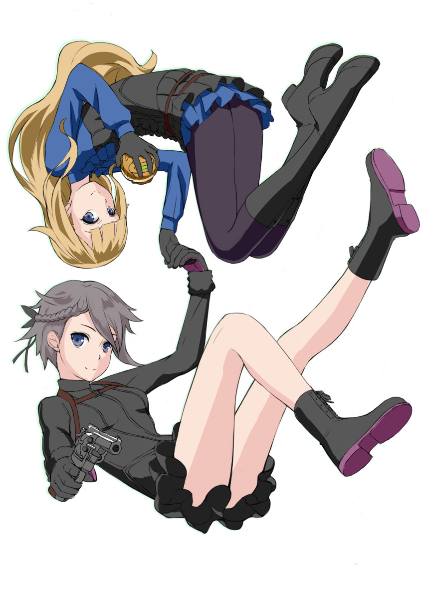 2girls aiming_at_viewer ange_(princess_principal) ankle_boots ball bangs bare_legs black_footwear black_gloves black_hair black_shirt blonde_hair blue_bow blue_eyes blue_skirt blunt_bangs boots bow braid character_request closed_mouth french_braid full_body gloves gun hand_holding handgun highres holding holding_ball holding_gun holding_weapon knee_boots legs_apart long_hair long_sleeves looking_at_viewer miniskirt mizuki_(mizuki_ame) multiple_girls pantyhose pistol princess_(princess_principal) princess_principal purple_legwear shirt short_hair simple_background skirt smile straight_hair upside-down very_long_hair weapon white_background