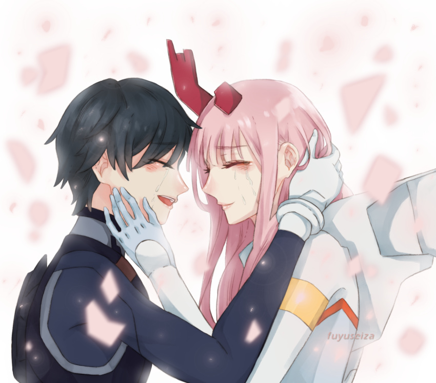 1boy 1girl black_hair closed_eyes couple crying darling_in_the_franxx fuyuseiza gloves hand_on_another's_face hand_on_another's_head highres hiro_(darling_in_the_franxx) horns long_hair oni_horns pilot_suit pink_hair short_hair white_gloves zero_two_(darling_in_the_franxx)