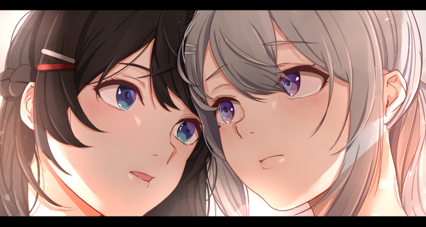 2girls bangs black_hair blue_eyes blush braid close-up closed_mouth eye_contact eyebrows_visible_through_hair face french_braid hair_ornament hairclip highres higuchi_kaede letterboxed light_particles looking_at_another multiple_girls nijisanji parted_lips silver_hair tsukino_mito violet_eyes virtual_youtuber