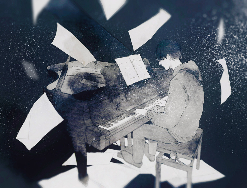 1boy aofuji_sui black_background black_hair chair commentary_request expressionless flying full_body greyscale hair_over_eyes hood hoodie instrument long_sleeves male_focus monochrome original pants paper piano sheet_music shirt short_hair simple_background sitting